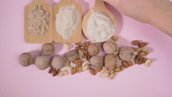 Various Gluten Free Flour Almond Walnuts Cashews Gluten Free Baking Concept