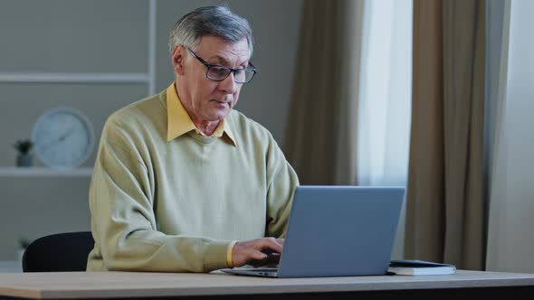Happy Mature Elderly Man Sit at Table Chatting Remotely Using Laptop Enjoy Pleasant Conversation