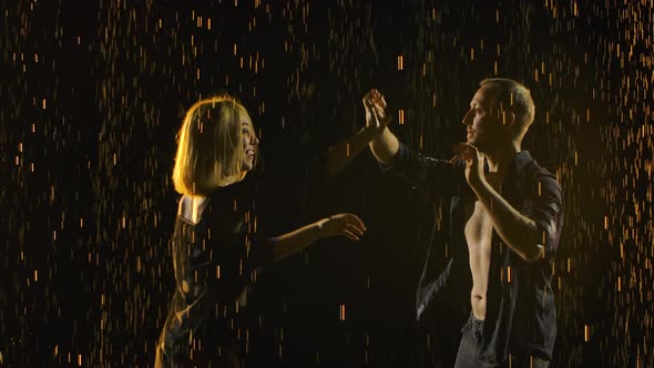 Professional Dancers Perform Salsa Elements in a Dark Smoky Studio. Silhouettes of Dancing Partners