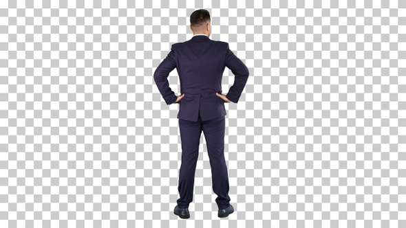 Businessman Looking Around with Hands on Hips, Alpha Channel