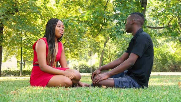 A Black Man and a Black Woman (Young and Attractive) Sit on Grass in a Park and Argue