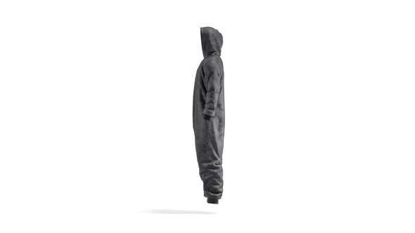 Blank black plush jumpsuit with hood mock up, looped rotation