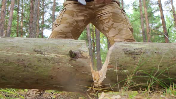 Woodcutter Chopping Wood Ax After Dusts