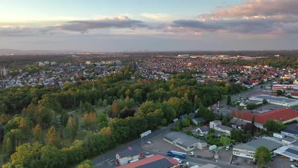 Overflight time lapse drone movie of the city Moerfelden, Walldorf with Frankfurt skyline