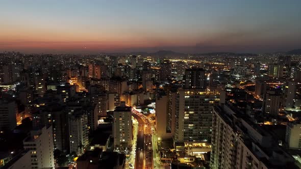 Sunset downtown Sao Paulo Brazil. Downtown district at sunset scenery.