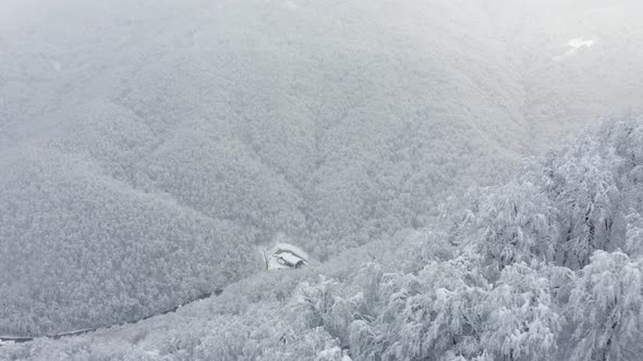 Slowly Flight Wither Forest High Mountain Hilly Terrain with Countryside Village at Valley Canyon