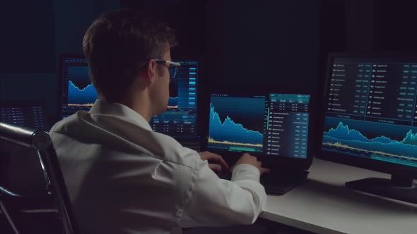 Trader working in office at night using workstation and analysis technology.