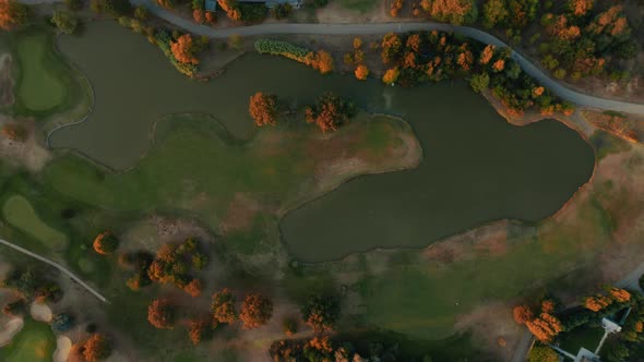 Aerial view of autumn color trees. Golf Course.