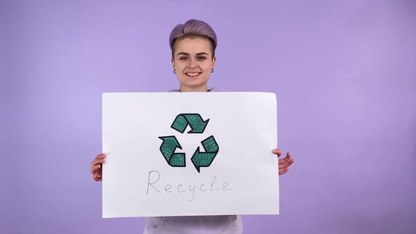 Young Person Gen Z Holding Poster with Recycle Sign Lettering Isolated