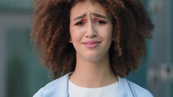 Female Portrait Outdoors Young Ethnic African American Girl Sad Upset Frustrated Stressful in