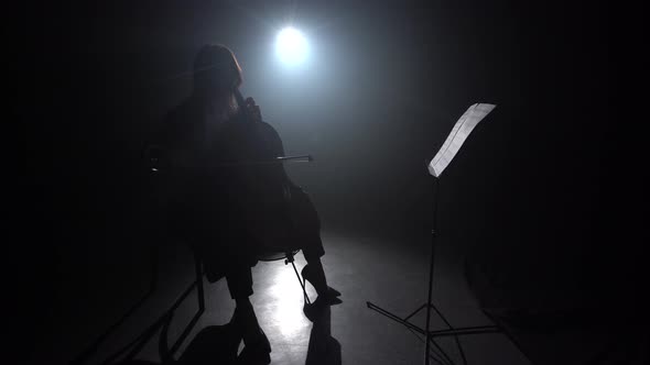 Girl Playing the Cello During the Concert on Dark Room