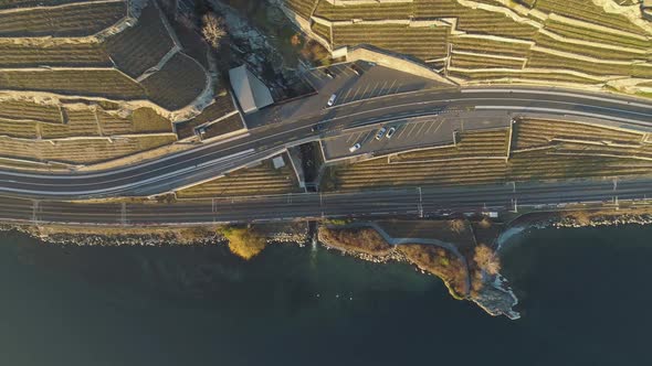 Lake Geneva Shore at Sunset. Vineyards of Lavaux, Vaud, Switzerland. Aerial View