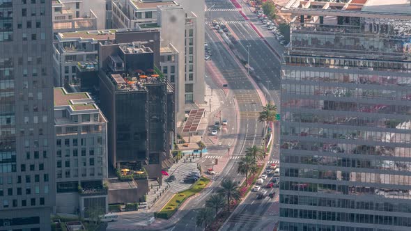 Skyline View of Intersection Traffic on Al Saada Street Near DIFC Timelapse in Dubai UAE