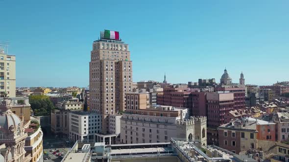 Genoa, Italy.Central part of the city, panoramic drone aerial view.Buildings and Streets.HD video