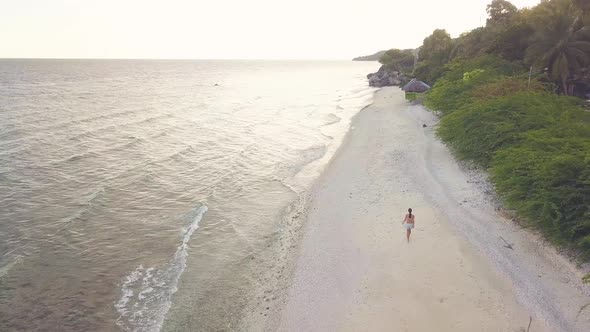 Aerial View Coastline and Sea Wave on Beach Where Walking Young Girl on Tropical Background. Drone