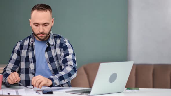 Modern Freelancer Guy Start Working Remotely Use Laptop at Home Office