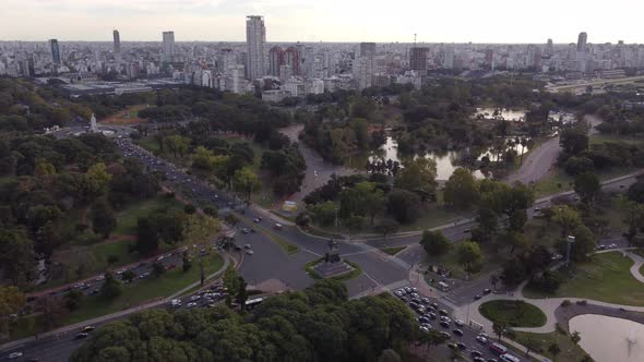 Palermo lakes area and Buenos Aires cityscape in background, Argentina. Aerial circling