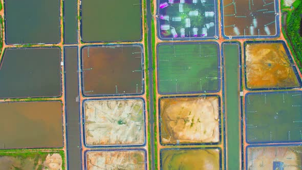 An aerial view over a drone flying over a large shrimp farm