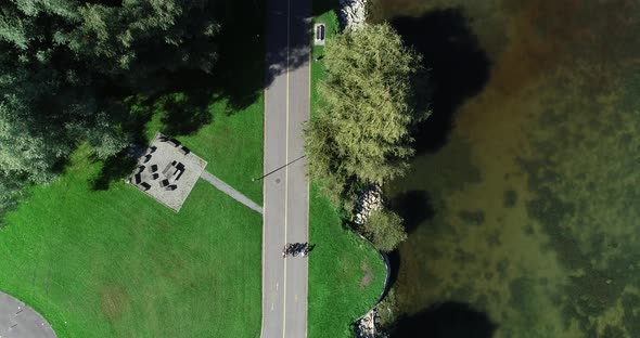 Aerial view of a prison biking along Lake Constance, Switzerland.