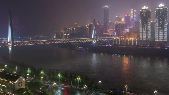 Chongqing City River Cityscape with Bridges Aerial China Timelapse Pan Up