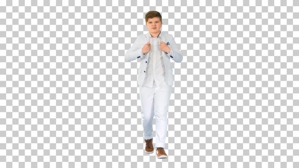 Successful business teen in white suit walking, Alpha Channel