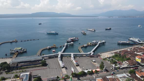 Aerial view of Port in Banyuwangi Indonesia with ferry in Bali Ocean