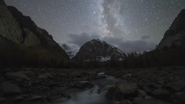 Karatash Mountain, Aktru River and Milky Way at Night. Altai Mountains, Siberia