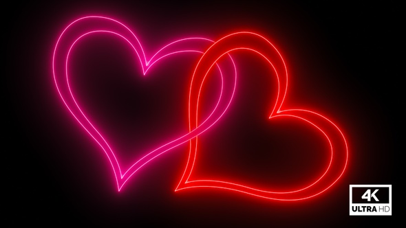 Neon Red And Pink Couple Heart Shape Glowing And Flickering Background V8