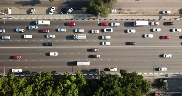 Aerial Top Down View of Freeway Busy City Rush Hour Heavy Traffic Jam Highway.