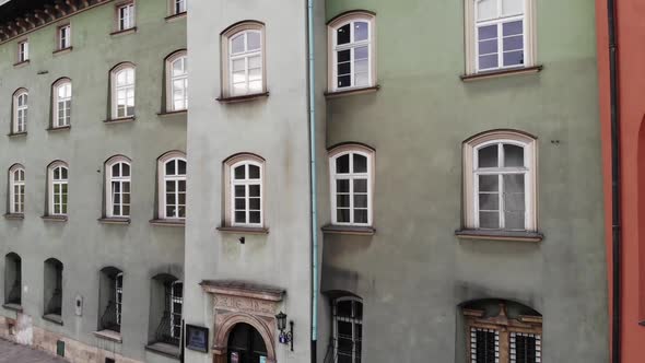 Aerial footage of the a typical street inKrakow Poland showing Renaissance style buildings