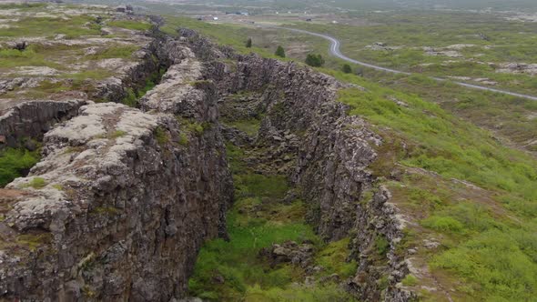 Flying over tectonic plates in Thingvellir National Park, Golden Circle, Iceland