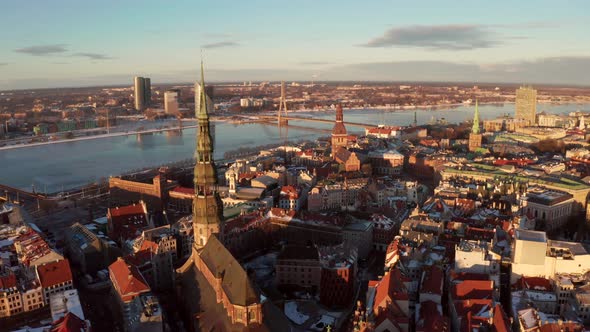 aerial view of the Riga old town during sunset