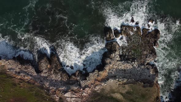 Aerial View of Sea Waves and Fantastic Cliffs Rocky Coast
