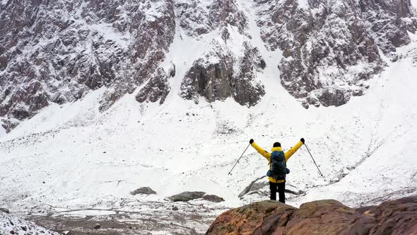 Young Hiker On Mountain Peak At Sunset Successful Pose Outstretched Arms Business Life Achievement