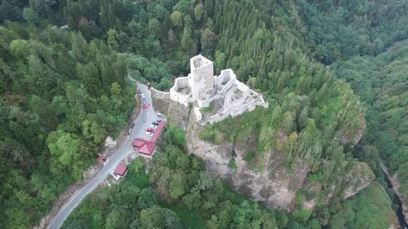 A Medieval Castle and Watchtower on the Rocky Slope in Dense Forest