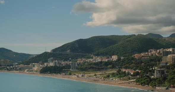 Beautiful view from the terrace of the sea and mountains on a summer day in Montenegro