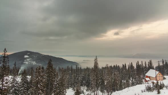 Mountain Peak with Snow Blow By Wind. Winter Landscape. Cold Day, with Snow.