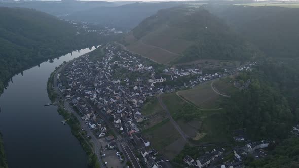 birds eye view over the city of klotten on the foot of the green hills and vineyards near the mosell