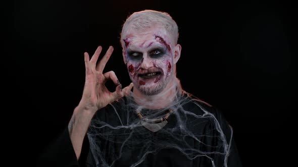 Creepy Man Halloween Zombie Showing Ok Gesture Like Sign Positive Something Good Smiles Terribly