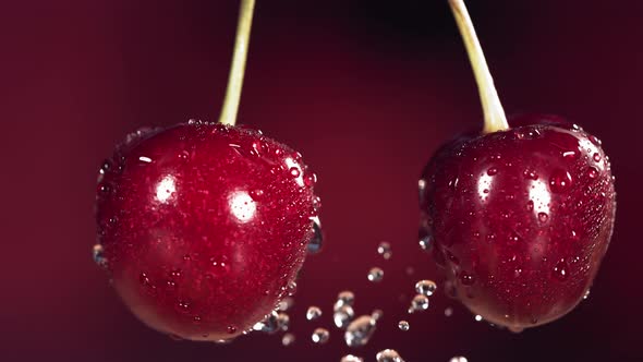 Sweet Cherries on Stems Colliding and Splashing Water Droplets in Slow Motion