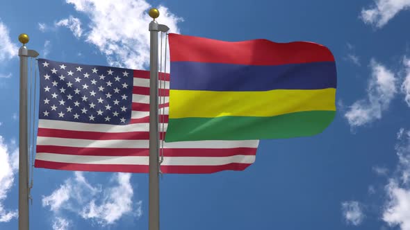 Usa Flag Vs Mauritius Flag On Flagpole