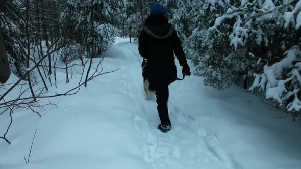 Beautiful Photo of a Girl Walking with Happy Husky Dog in Wintertime