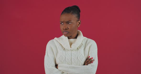 Portrait on Red Background Afro American Ethnic Girl Ethnic Mixed Race Darkskinned Woman in White