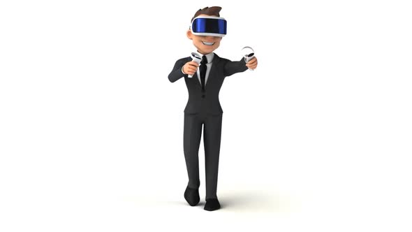 Fun cartoon businessman with a VR helmet alt