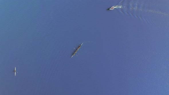 Aerial View Of A Rowing Team Followed By A Speedboat At Lexington Reservoir Near Los Gatos In Califo