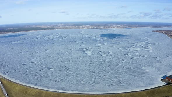 Aerial Winter View of the Huge Dam in Latvia Near City of Salaspils and Riga