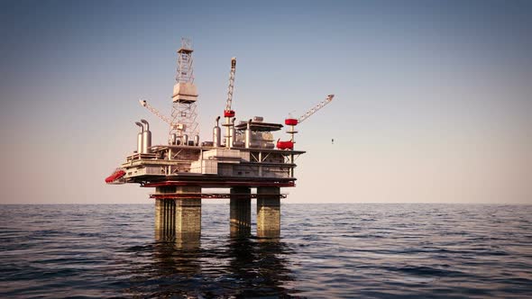 A landscape footage of the oil rig platform on the sea. Closeup animation. HD