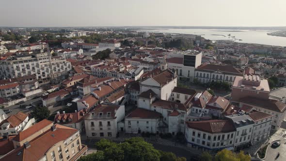 Majestic cityscape of Aveiro city in Portugal, orbit drone view