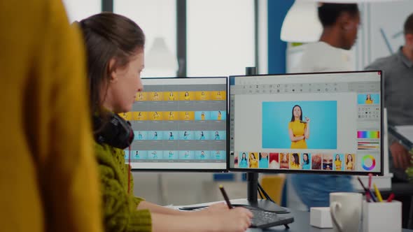 Freelancer Retoucher Woman Working on Computer with Photo Editing Software