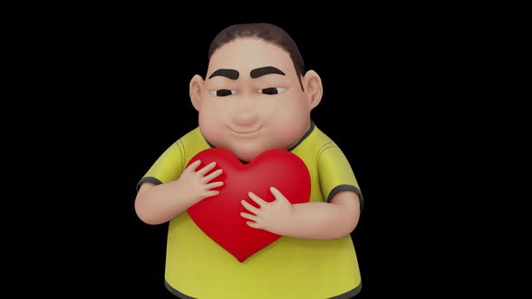 Fat boy is hugging the big red heart shape.